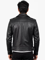 Men's black sheepskin leather biker jacket, back view