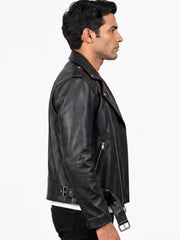 Men's black sheepskin leather biker jacket, collar detail