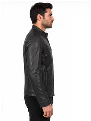 Men's black sheepskin leather jacket, side view