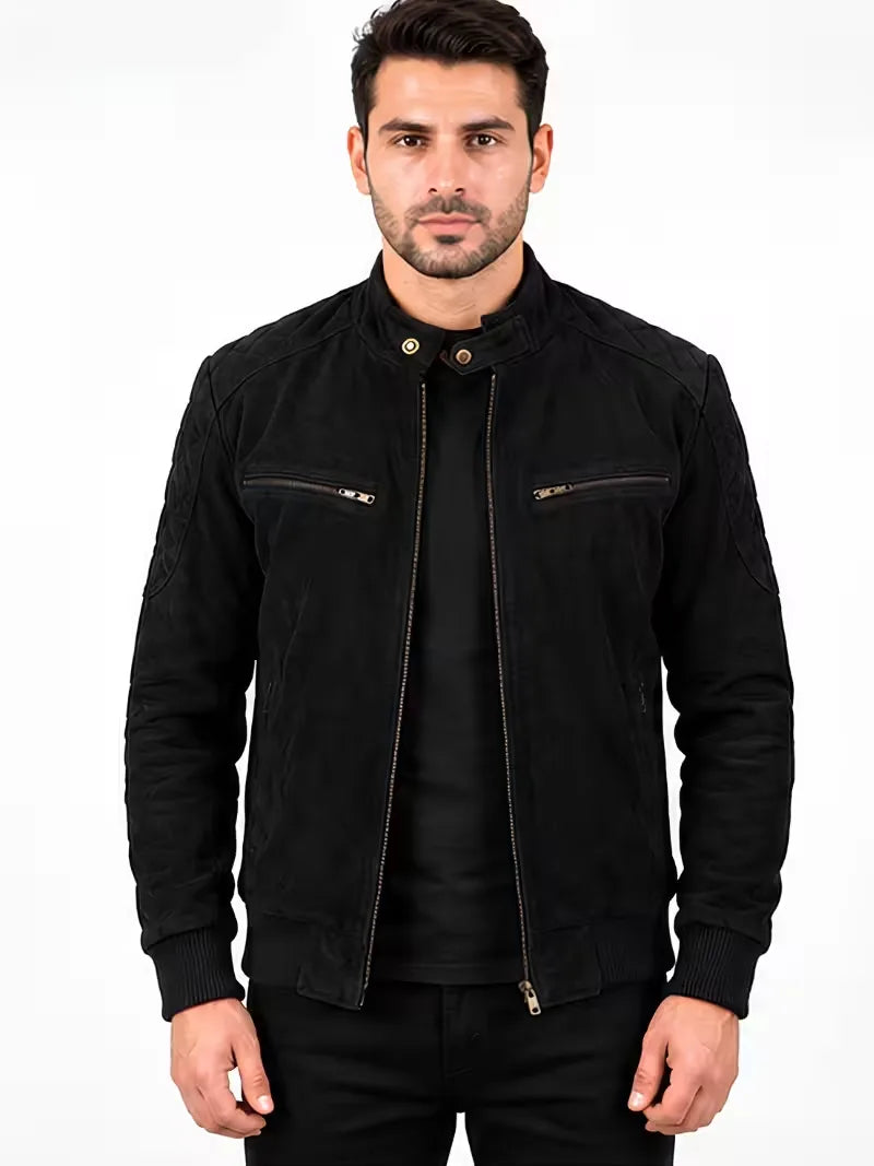 Men's black sheepskin leather jacket, front view