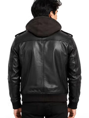 Men's black sheepskin leather hooded jacket, back view