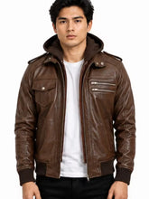 Men's Black Sheepskin Leather Hooded Jacket with Hooded Collar and Front Zipper Closure, zip and closure detail