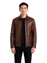 Men's Black Sheepskin Leather Shirt Jacket with Button Front, side view