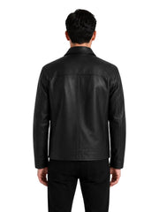 Men's black sheepskin leather shirt jacket, back view