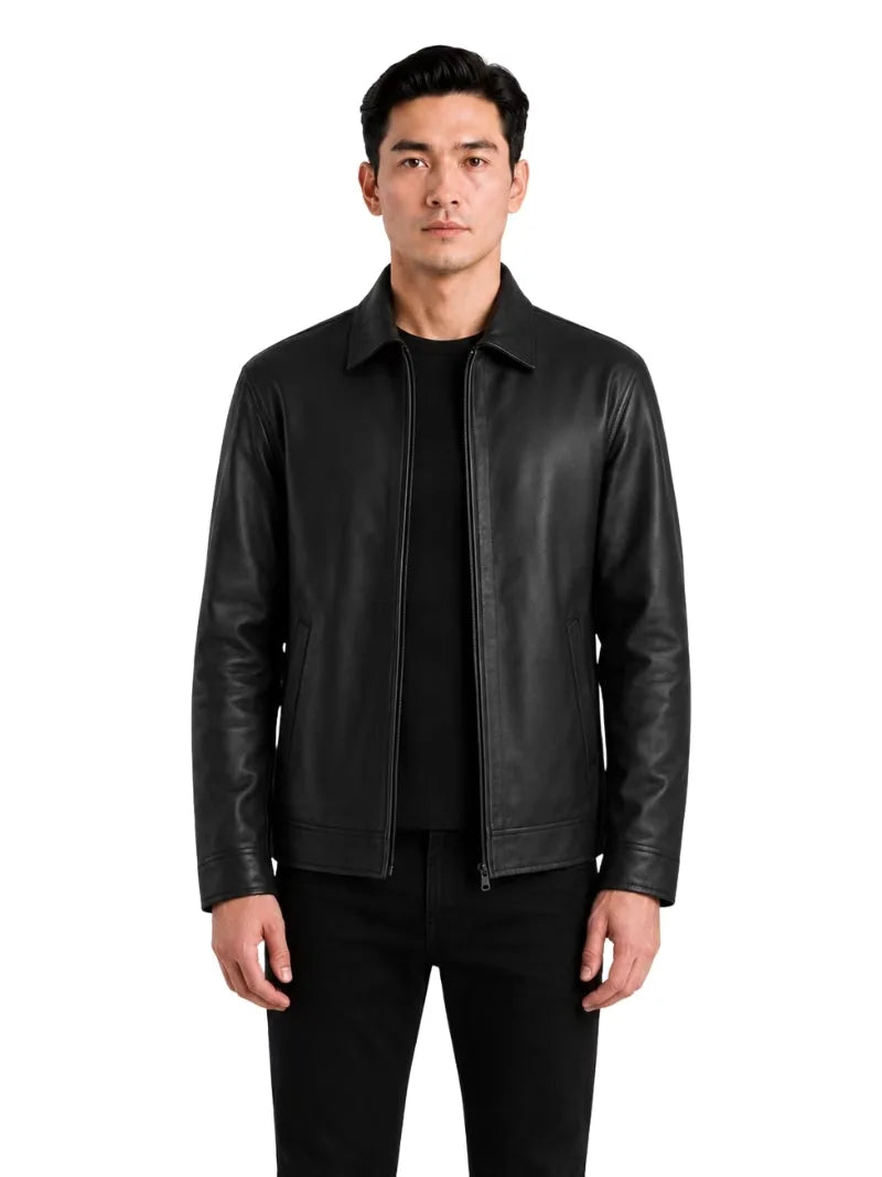 Men's black sheepskin leather shirt jacket, front view
