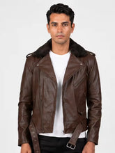 Men's black shearling leather jacket, zip and closure detail