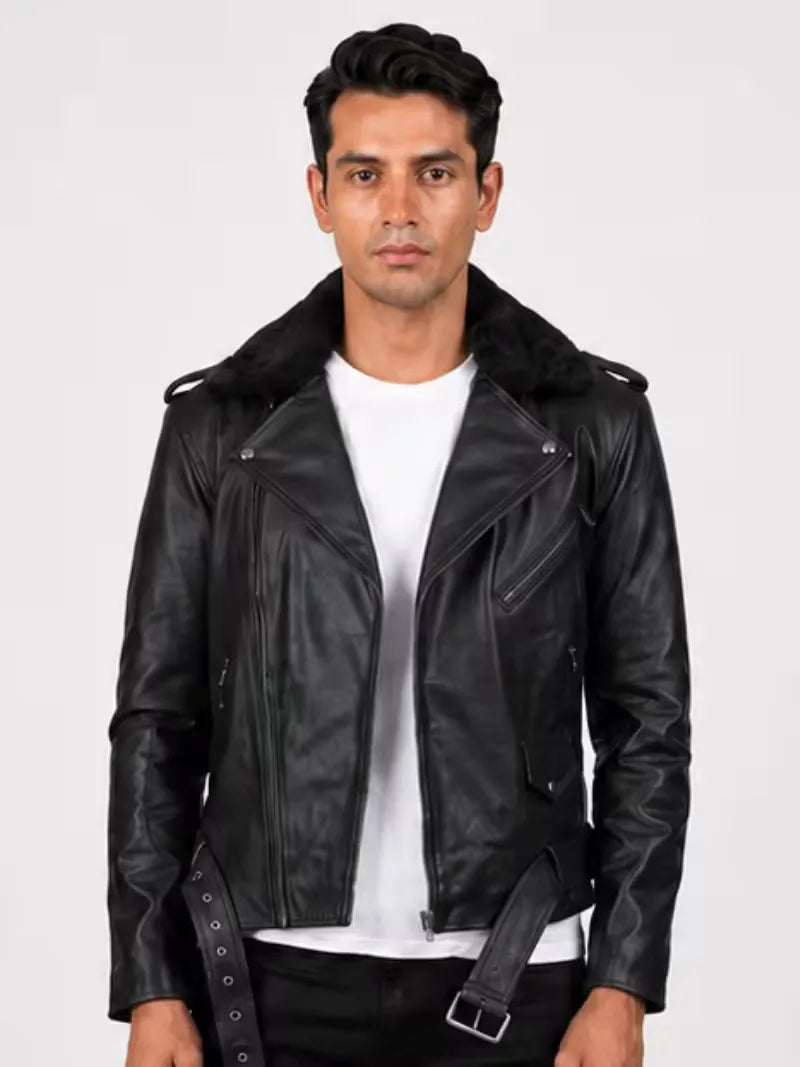 Men's black shearling leather jacket, front view