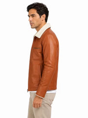 Men's brown sheepskin leather jacket, collar detail
