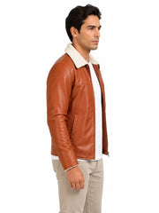 Men's brown sheepskin leather jacket, side view
