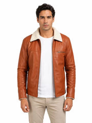 Men's brown sheepskin leather jacket, front view