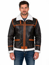 Men's brown shearling leather jacket, front view