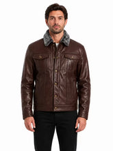 Men's black shearling leather trucker jacket, side view