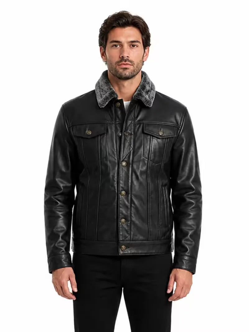 Men's black shearling leather trucker jacket, front view