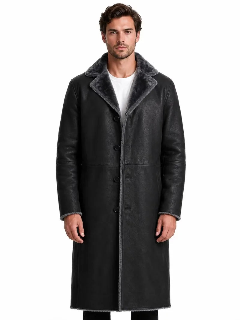Men's black shearling leather coat, front view
