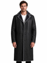 Men's black shearling leather coat, front view