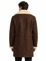 Men's black shearling leather coat, collar detail