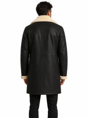 Men's black shearling leather coat, back view