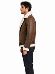 Men's black shearling leather jacket, collar detail