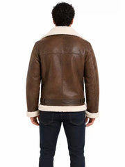 Men's black shearling leather jacket, back view