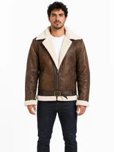 Men's black shearling leather jacket, front view