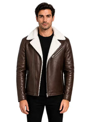 Men's black shearling leather jacket, side view