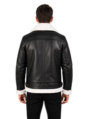 Men's black shearling leather jacket, back view