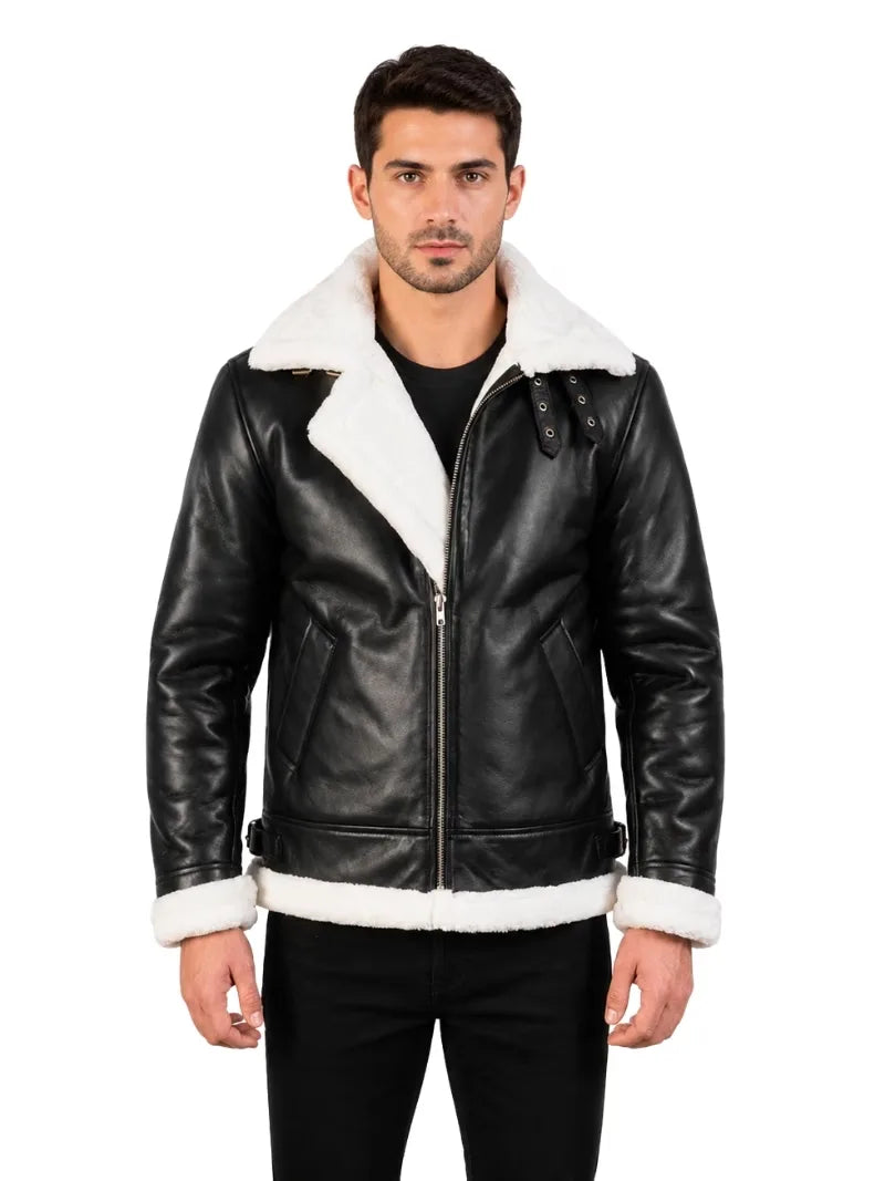 Men's black shearling leather jacket, front view