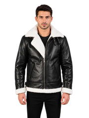 Men's black shearling leather jacket, front view