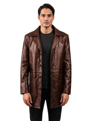 Men's black sheepskin leather coat, side view