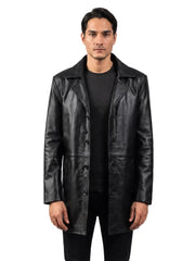 Men's black sheepskin leather coat, front view