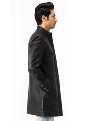 Men's black sheepskin leather coat, side view