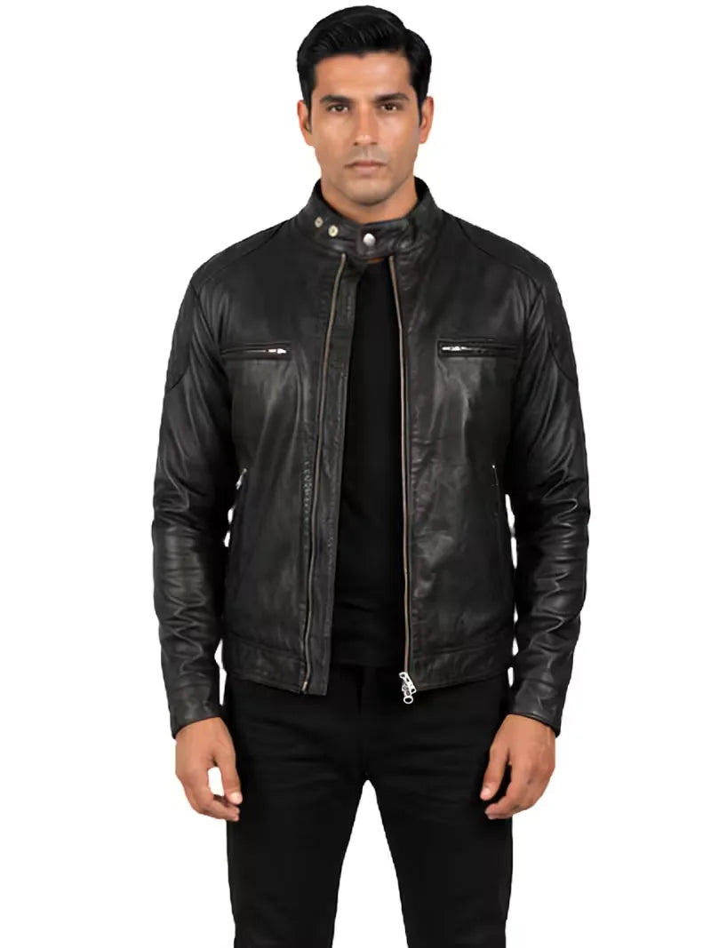 Men's black sheepskin leather jacket, front view