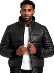 Men's black parachute leather jacket, front view