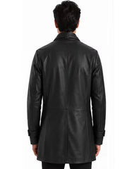 Men's black sheepskin leather jacket, back view