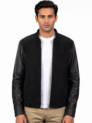 Men's black suede body with sleeves leather bomber jacket, front view