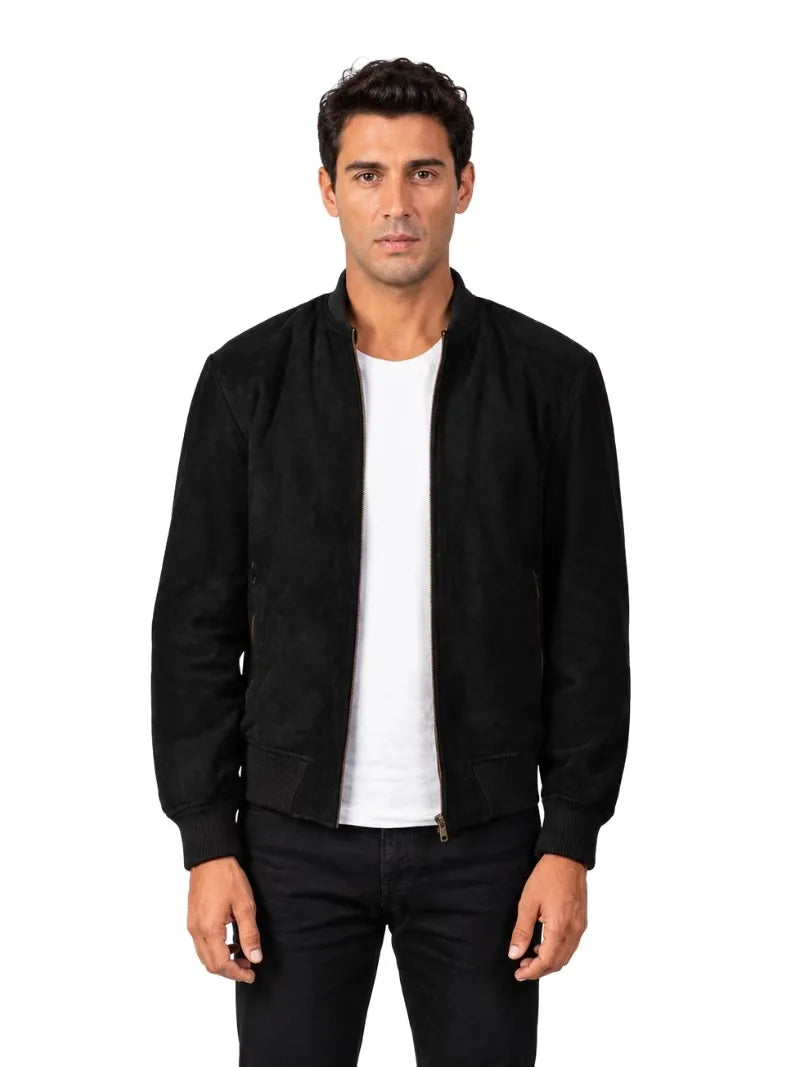 Men's brown sheepskin suede leather jacket, front view