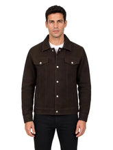 Men's Black Sheepskin Suede Leather Trucker Jacket with Snap Button Front and Flap Pockets, side view