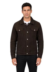 Men's black sheepskin suede leather trucker jacket, side view