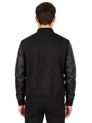 Men's black sheepskin leather jacket, back view
