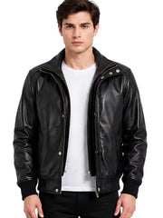 Men's black sheepskin leather jacket, front view