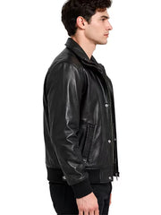 Men's black sheepskin leather jacket, collar detail