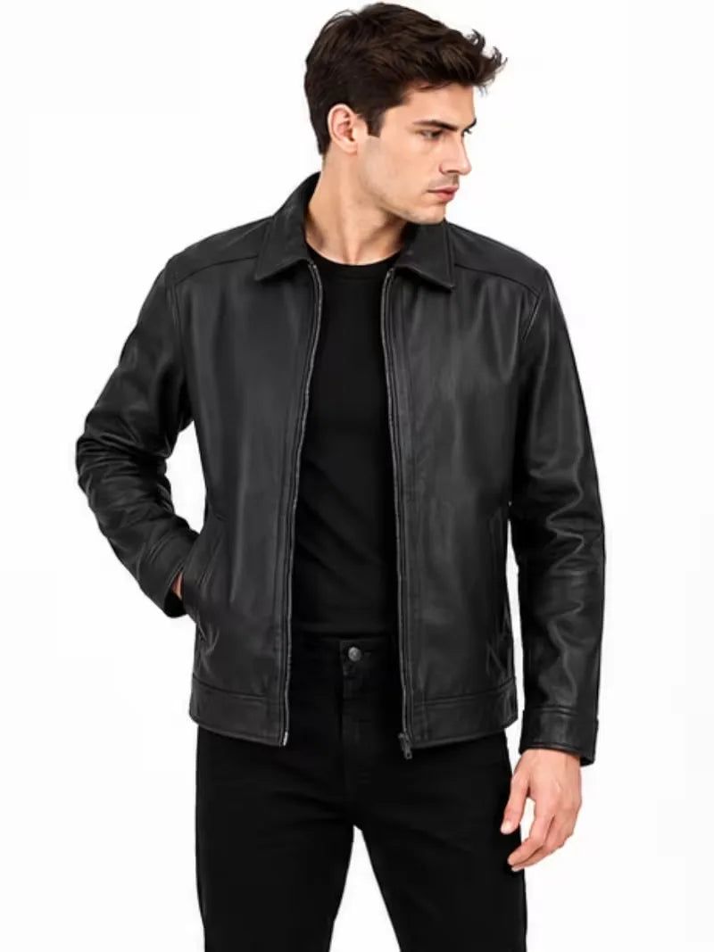 Men's black leather leather jacket, front view