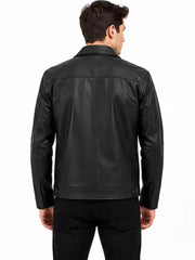 Men's black leather leather jacket, back view