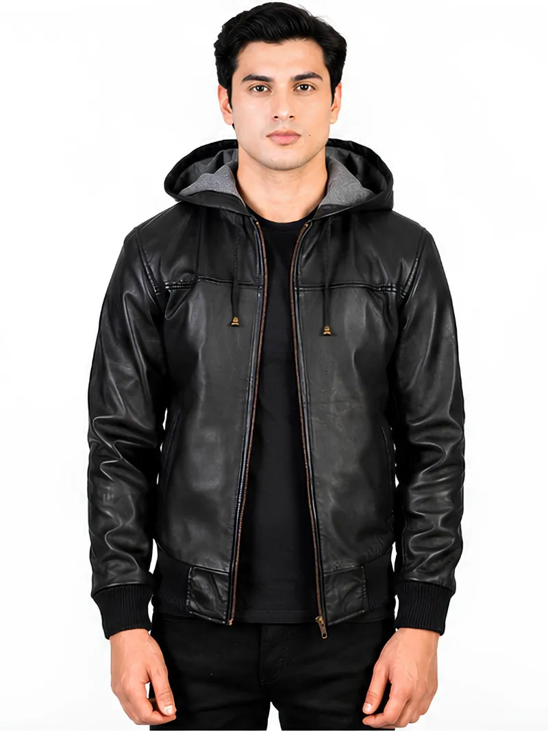 Men's black sheepskin leather hooded jacket, front view