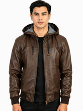 Men's Black Sheepskin Leather Hooded Jacket with Ribbed Cuffs, zip and closure detail