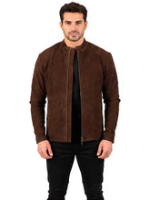 Men's Brown Sheepskin Leather Jacket with Stand Collar and Front Zipper Closure, zip and closure detail