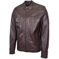 Mens Brown Leather Standing Collar Biker Jacket