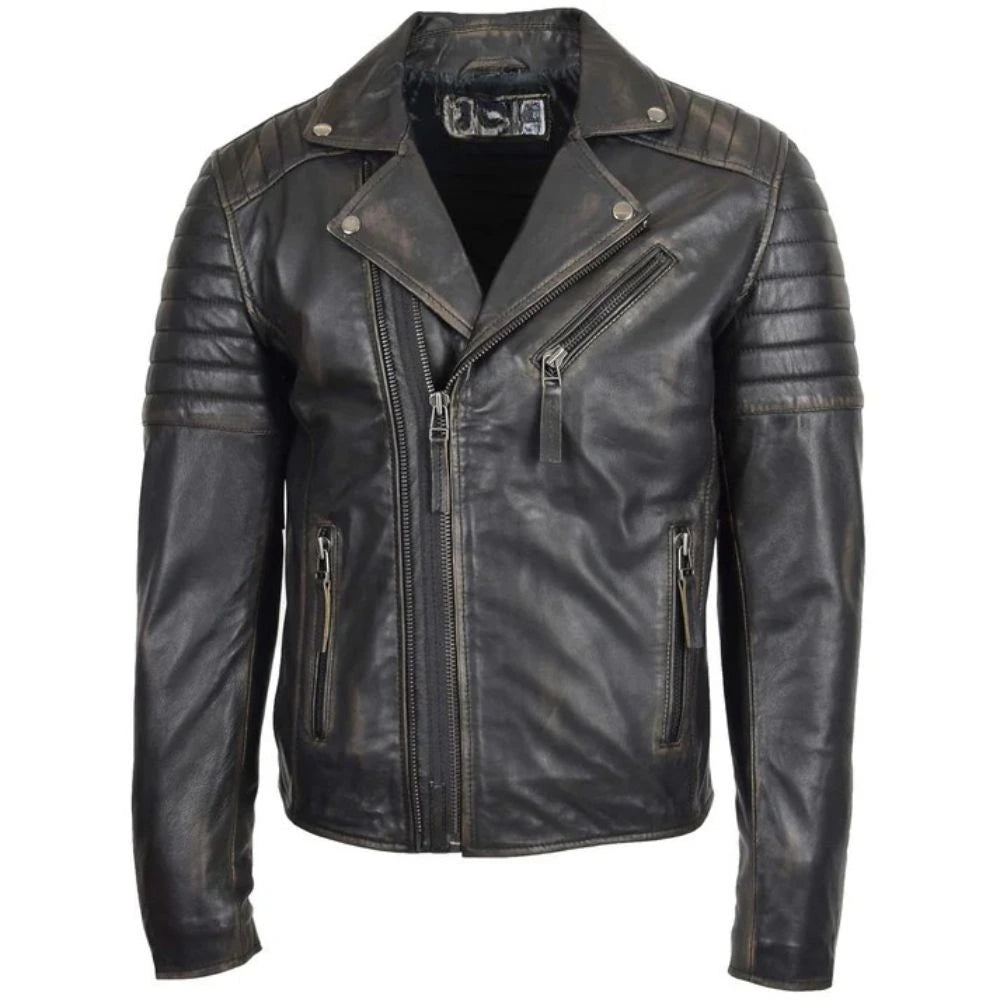 Men's Vintage Black Asymmetrical Leather Biker Jacket