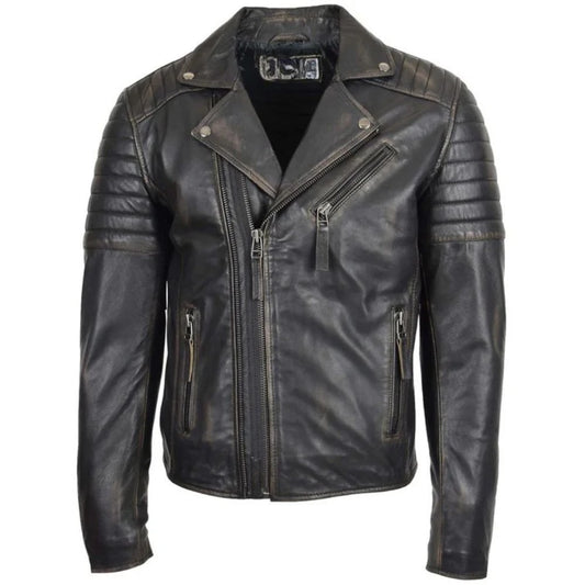 Men's Vintage Black Asymmetrical Leather Biker Jacket