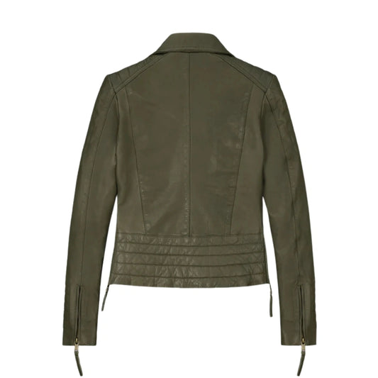 Modern Olive Green Fitted Leather Jacket for Women